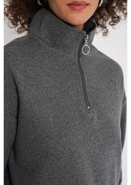 Kadın Antrasit Yakası Fermuarlı Örme Sweatshirt HZL25W-BD1554491