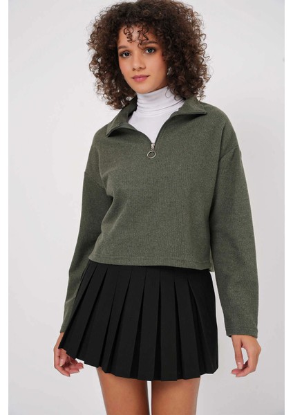 Kadın Haki Yakası Fermuarlı Örme Sweatshirt HZL25W-BD1554491