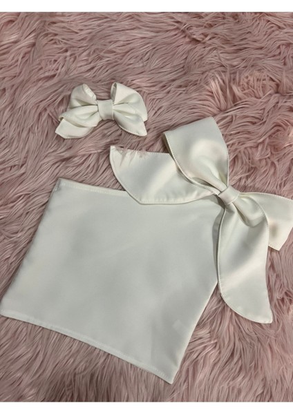 Kız Çocuk Tek Omuz Fiyonk Detaylı Sarı Yazlık Crop Bluz ve Tokası
