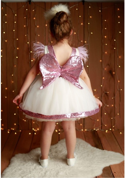 Kız Çocuk Pembe Payet Melek Kanatlı Kabarık Elbise modelleri