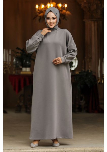 Gri Sweat Tesettür Elbise 23641GR