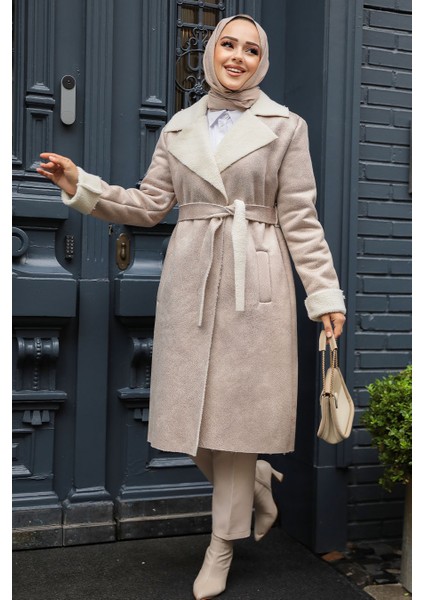 Kürklü Bej Süet Tesettür Kap 5959BEJ