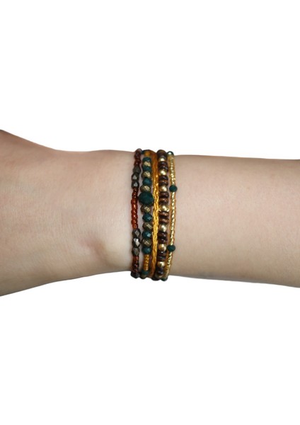 Kahve ve Yeşil Bileklik Çok Boncuklu Şık Tasarım Bileklik