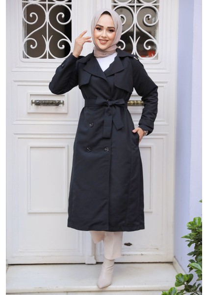 Kemerli Siyah Tesettür Trençkot 61261S