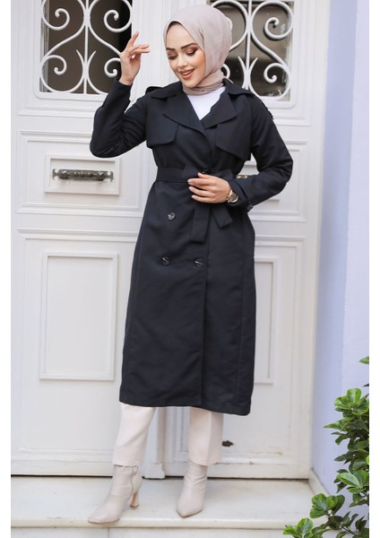 Kemerli Siyah Tesettür Trençkot 61261S fiyatları