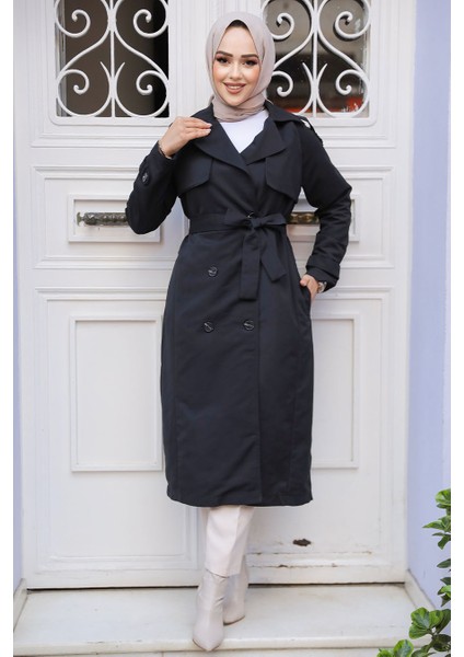 Kemerli Siyah Tesettür Trençkot 61261S modelleri