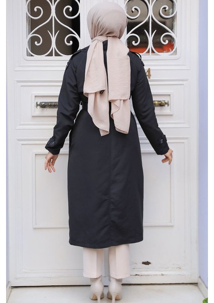 Kemerli Siyah Tesettür Trençkot 61261S fırsatları