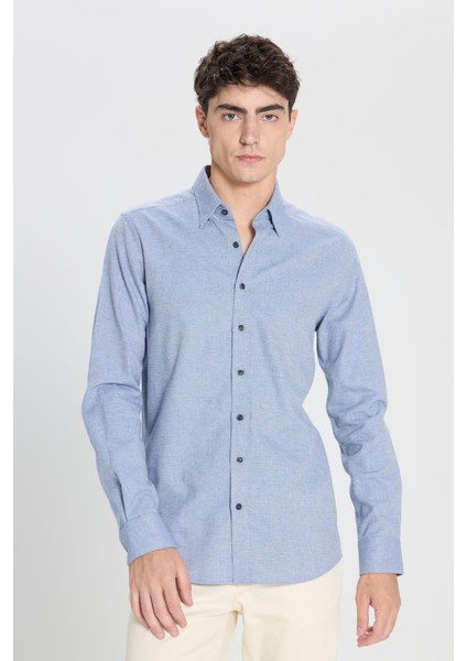 Slim Fit Dar Kesim Klasik Yaka Flanel Mavi Gömlek modelleri