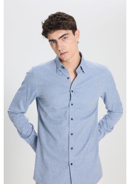 Slim Fit Dar Kesim Klasik Yaka Flanel Mavi Gömlek fırsatları