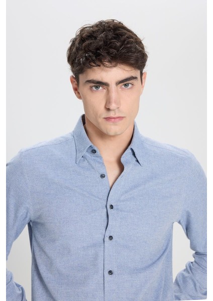 Slim Fit Dar Kesim Klasik Yaka Flanel Mavi Gömlek indirimleri
