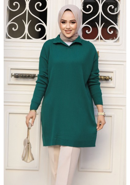 Fitilli Zümrüt Yeşili Tesettür Triko Tunik 65903ZY
