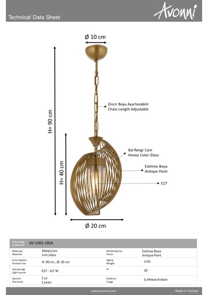 Eskitme Boyalı Modern Avize Avonnı AV-1905-1BSA