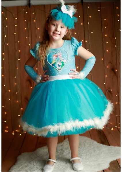 Kız Çocuk Elsa Karlar Kraliçesi Mavi Kostüm Elbise