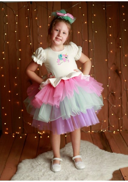 Kız Çocuk Renkli Unicorn Elbise