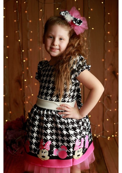 Kız Çocuk Siyah Kaz Ayağı Desenli Tüllü Elbise fiyatları