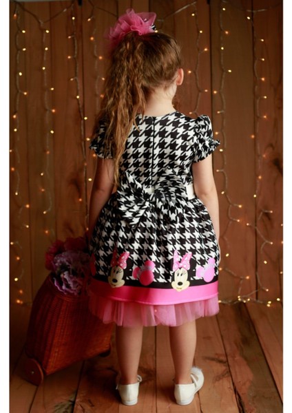 Kız Çocuk Siyah Kaz Ayağı Desenli Tüllü Elbise modelleri