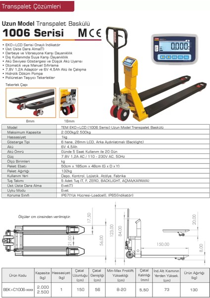 Beko 2.5 Ton 1 kg 56 x 150 cm Tartılı Transpalet Baskül