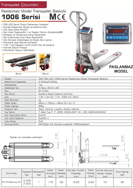 2.5 Ton 1 kg 56 x 115 cm Tartılı Transpalet Baskül Paslanmaz fırsatları