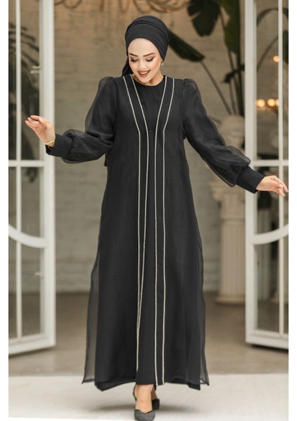 Boncuk Işlemeli Siyah Tesettür Abaya Takım 4626S