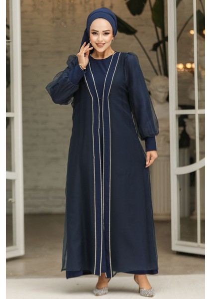 Boncuk Işlemeli Lacivert Tesettür Abaya Takım 4626L
