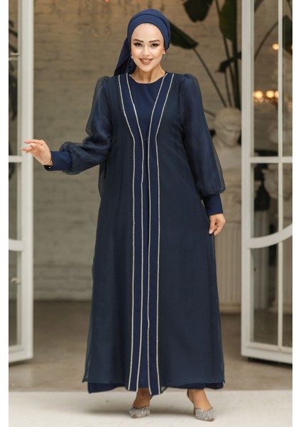 Boncuk Işlemeli Lacivert Tesettür Abaya Takım 4626L fiyatları