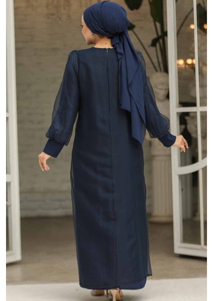 Boncuk Işlemeli Lacivert Tesettür Abaya Takım 4626L modelleri
