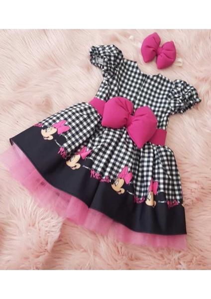 Kız Çocuk Kareli Pembe Micky (Miki) Mouse Elbise