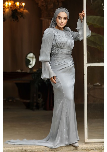 Drape Detaylı Gri Tesettür Abiye Elbise 48531GR