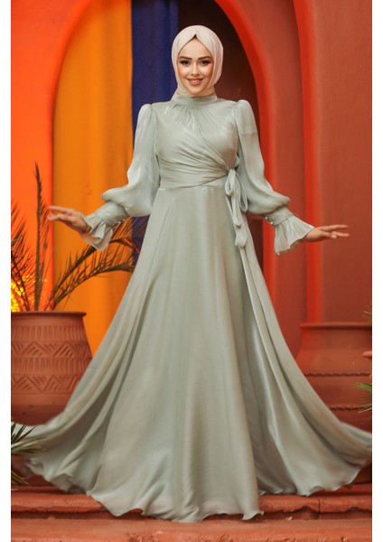 Bağlama Detaylı Mint Tesettür Abiye Elbise 48051MINT