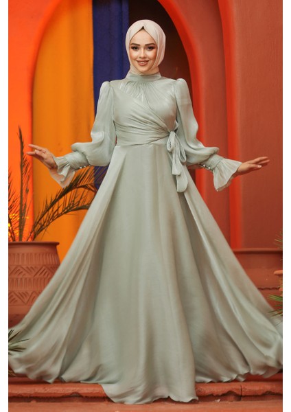 Bağlama Detaylı Mint Tesettür Abiye Elbise 48051MINT fiyatları