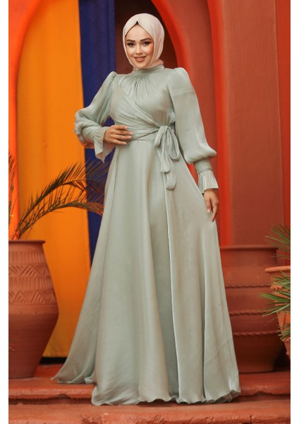 Bağlama Detaylı Mint Tesettür Abiye Elbise 48051MINT modelleri