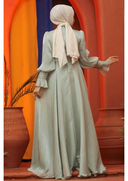 Bağlama Detaylı Mint Tesettür Abiye Elbise 48051MINT fırsatları