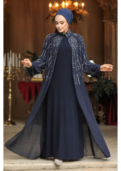 Boncuk Işlemeli Lacivert Tesettür Abaya Takım 46151L fiyatları