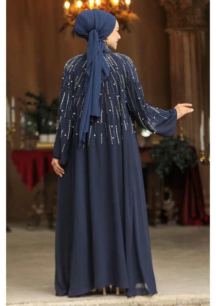 Boncuk Işlemeli Lacivert Tesettür Abaya Takım 46151L fırsatları
