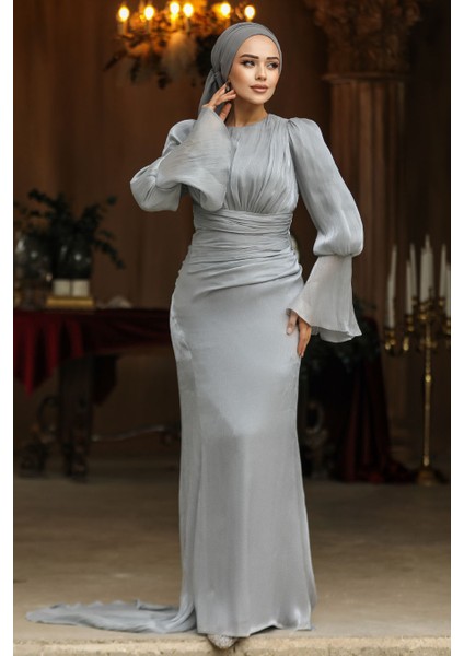 Drape Detaylı Gri Tesettür Abiye Elbise 48531GR