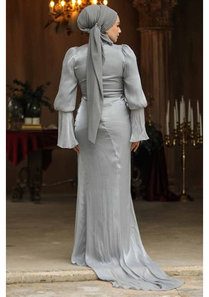 Drape Detaylı Gri Tesettür Abiye Elbise 48531GR