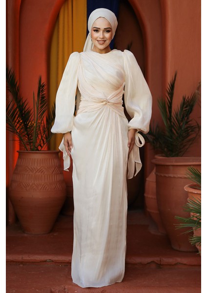 Drape Detaylı Ekru Tesettür Abiye Elbise 47261E