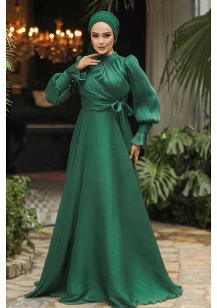 Bağlama Detaylı Yeşil Tesettür Abiye Elbise 48051Y