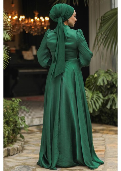 Bağlama Detaylı Yeşil Tesettür Abiye Elbise 48051Y modelleri