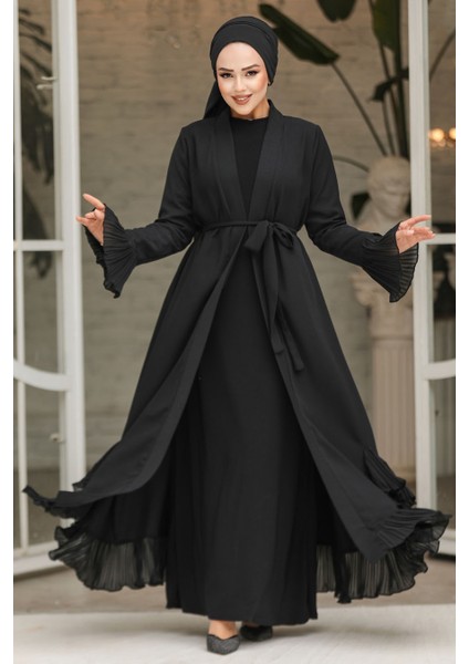 Volanlı Siyah Tesettür Abaya 4482S