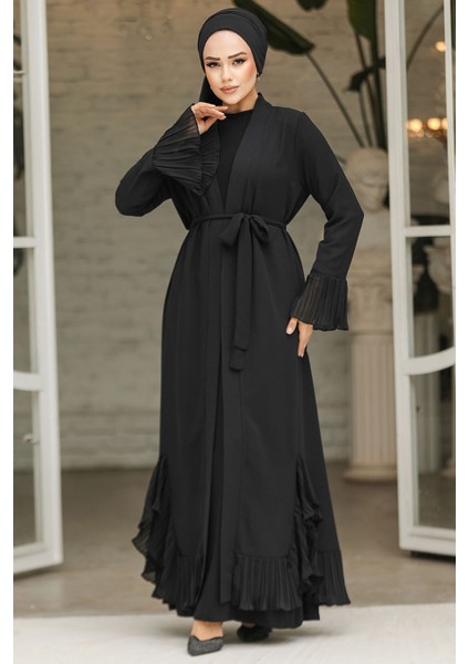 Volanlı Siyah Tesettür Abaya 4482S fiyatları