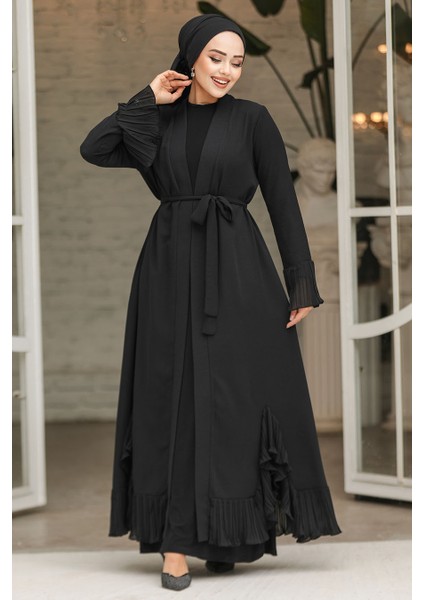 Volanlı Siyah Tesettür Abaya 4482S fırsatları