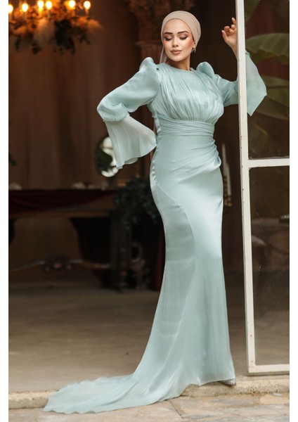Drape Detaylı Mint Tesettür Abiye Elbise 48531MINT