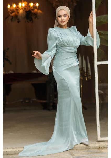 Drape Detaylı Mint Tesettür Abiye Elbise 48531MINT fiyatları