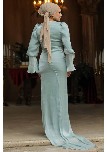 Drape Detaylı Mint Tesettür Abiye Elbise 48531MINT modelleri