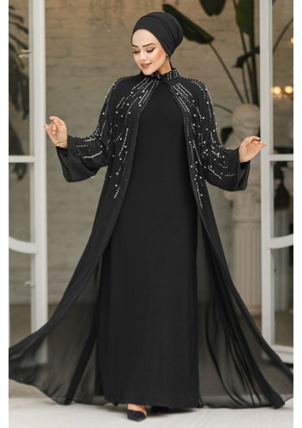 Boncuk Işlemeli Siyah Tesettür Abaya Takım 46151S