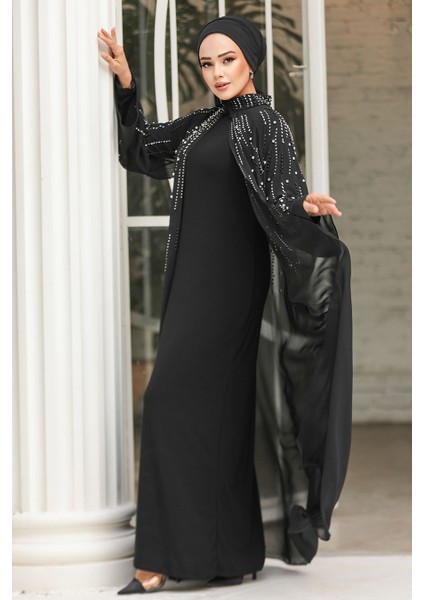 Boncuk Işlemeli Siyah Tesettür Abaya Takım 46151S