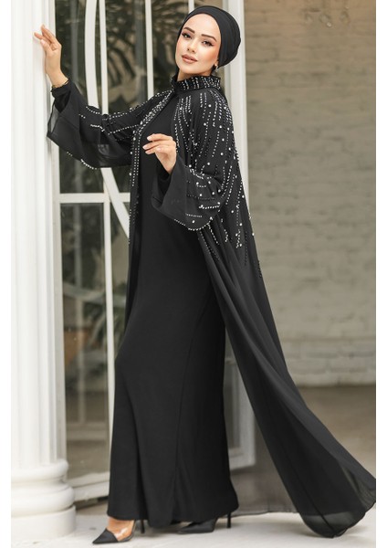 Boncuk Işlemeli Siyah Tesettür Abaya Takım 46151S