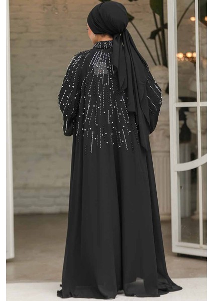 Boncuk Işlemeli Siyah Tesettür Abaya Takım 46151S