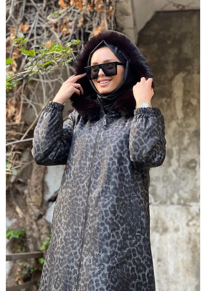 Leopar Desen Suni Kürklü Mont KY-A23-87003 Siyah